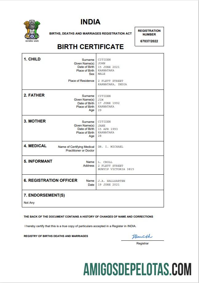 Realista modelo de Word e PDF de certidão de nascimento de registro vital da Índia,